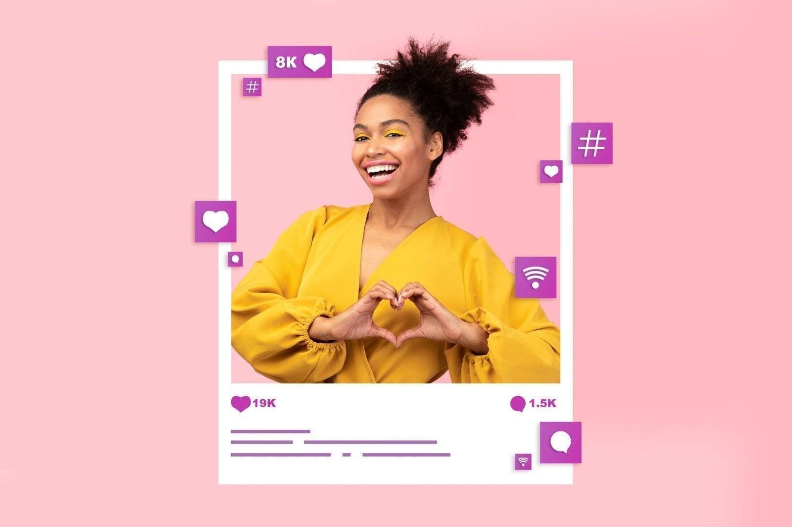 Collage with young black woman making heart gesture in photo frame, requesting likes in social media on pink studio background. Popular blogger asking her followers for positive feedback